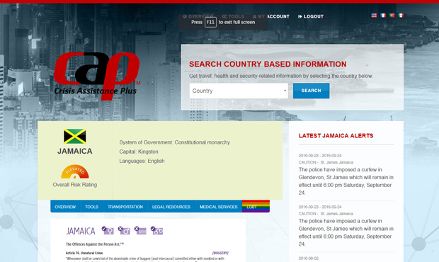 Example Of The CAP Travel Risk Portal Home Screen Showing Regional LGBT Travel Alerts, With Safety And Security LGBT Reports