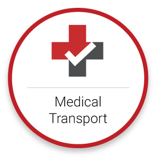 Red and grey medical cross with the words medical transportation directly below