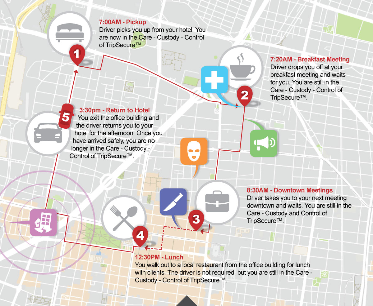 birds eye view map with showing the jouney a traveler with TripSecure would take while under the care custody and contrl of a driver