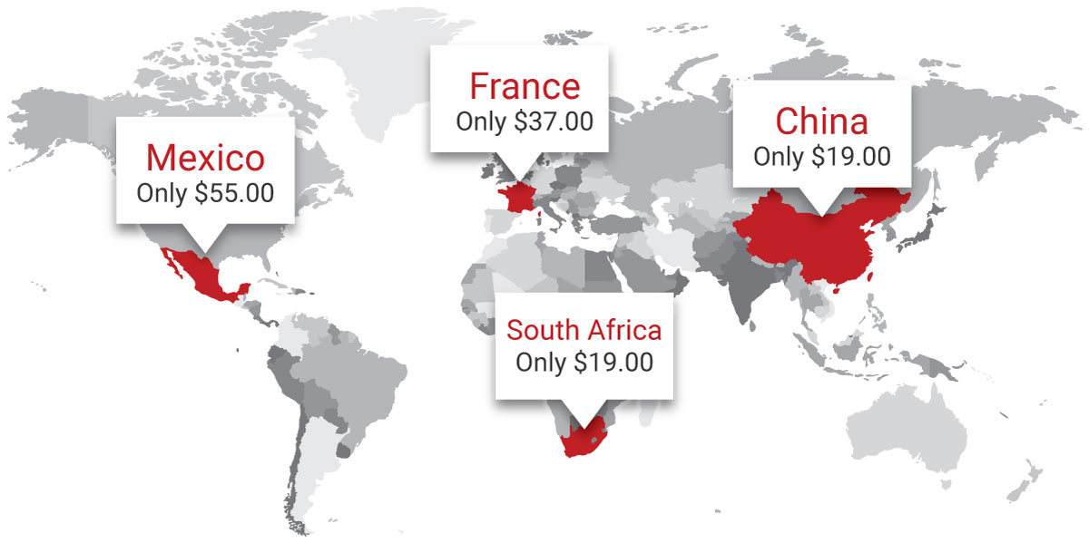 World Map Showing Prices For A CAP Travel Assistance Membership For Travelers Going To Mexico, France, China, or South Africa